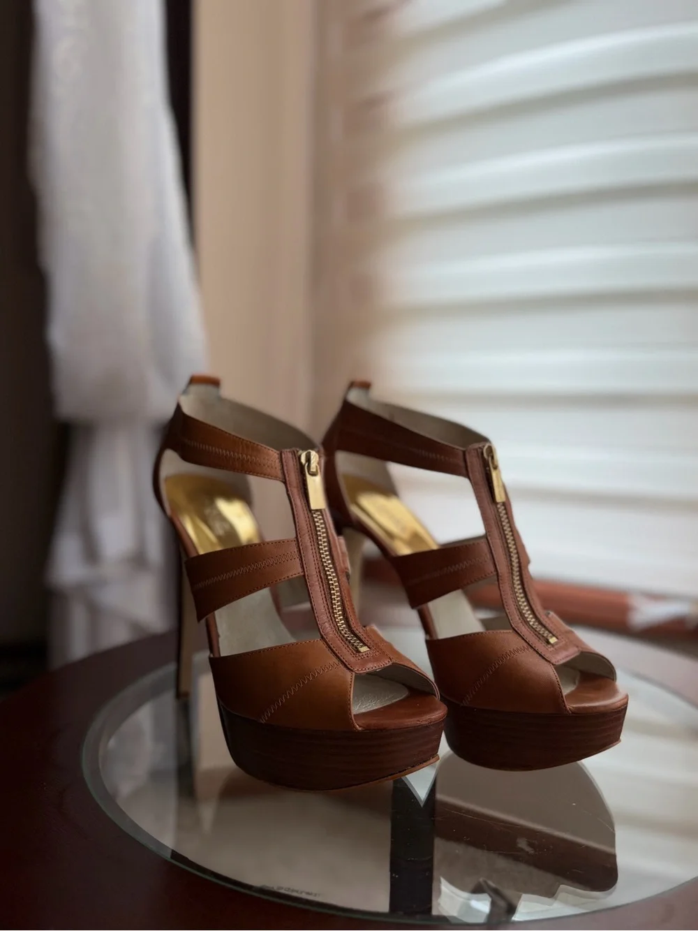 Michael Kors Brown Leather Strappy Platform Heels with Front Zip Detail